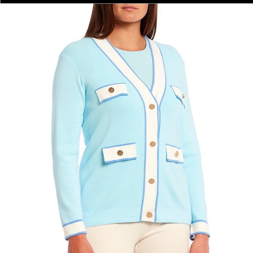 Ann Klein XL V-Neck Cardigan Sweater Button Front, Sky Blue Combo, NWT